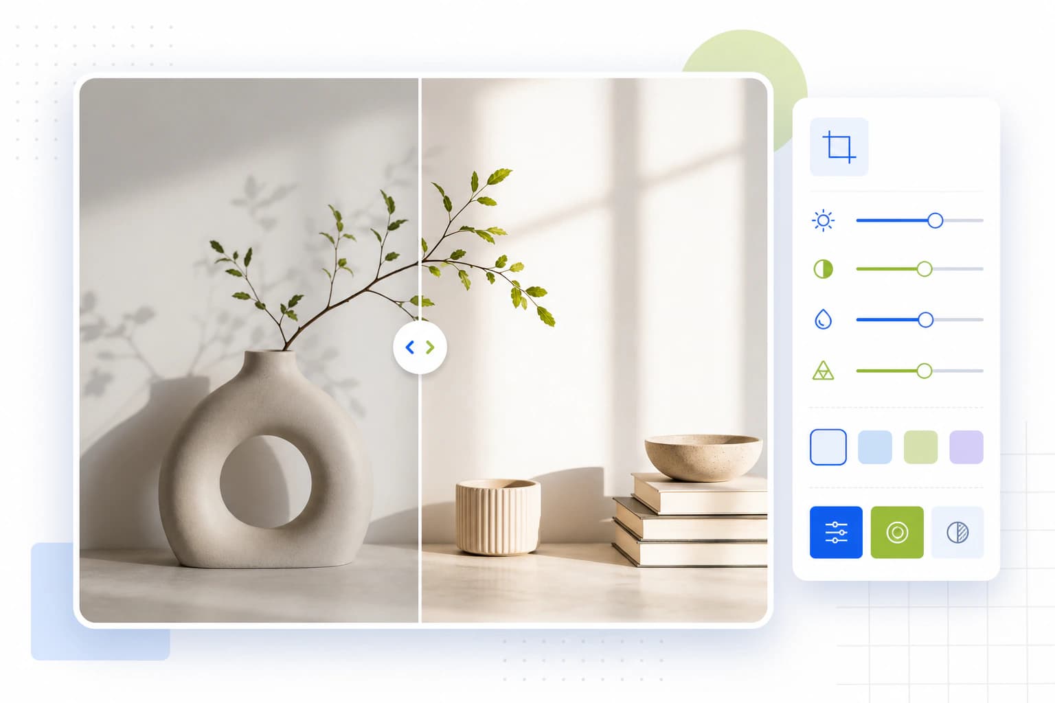 Bright comparison of 2026 photo editor interface cards with crop, filter and adjust panels