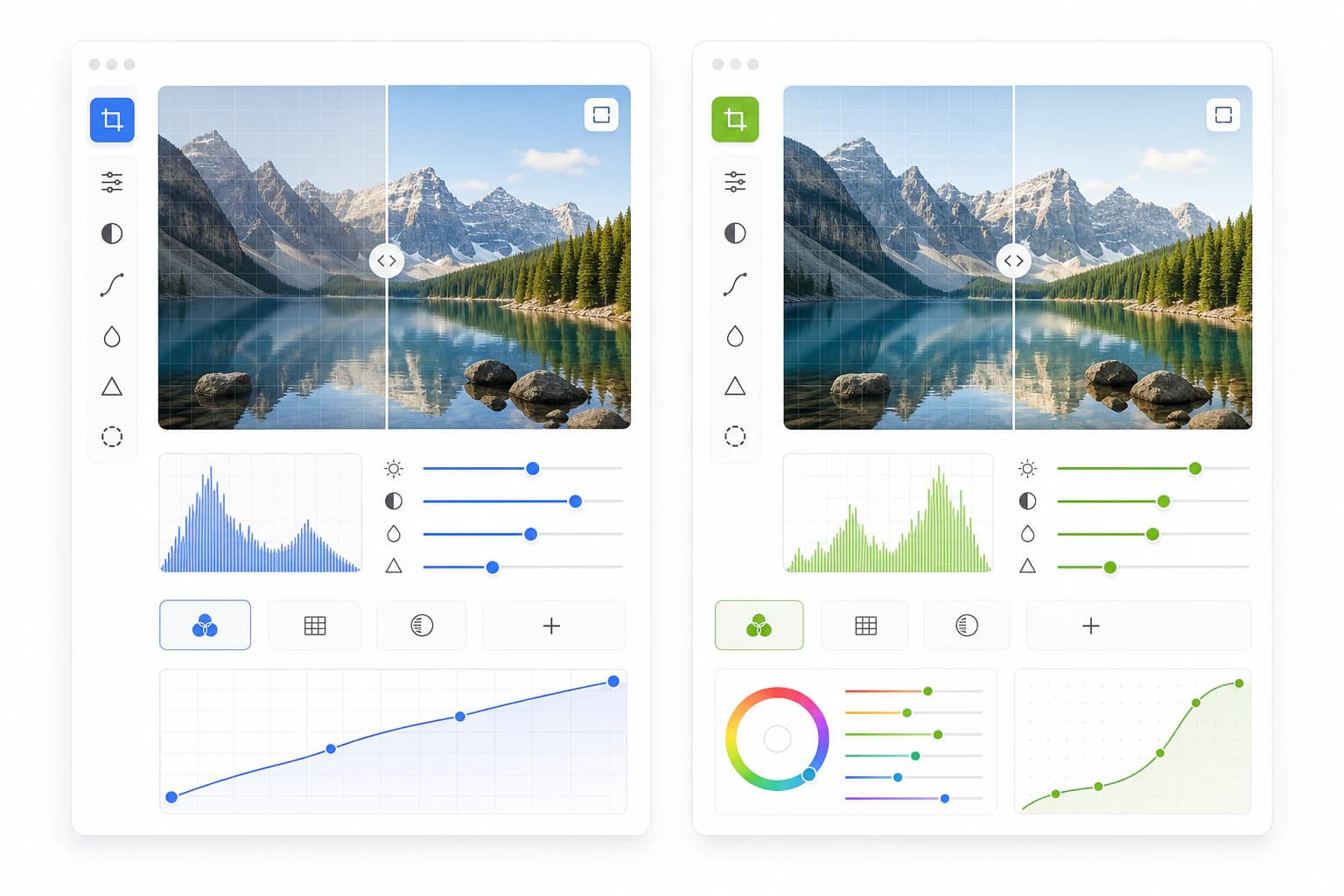 Side-by-side comparison of two abstract photo editor interfaces