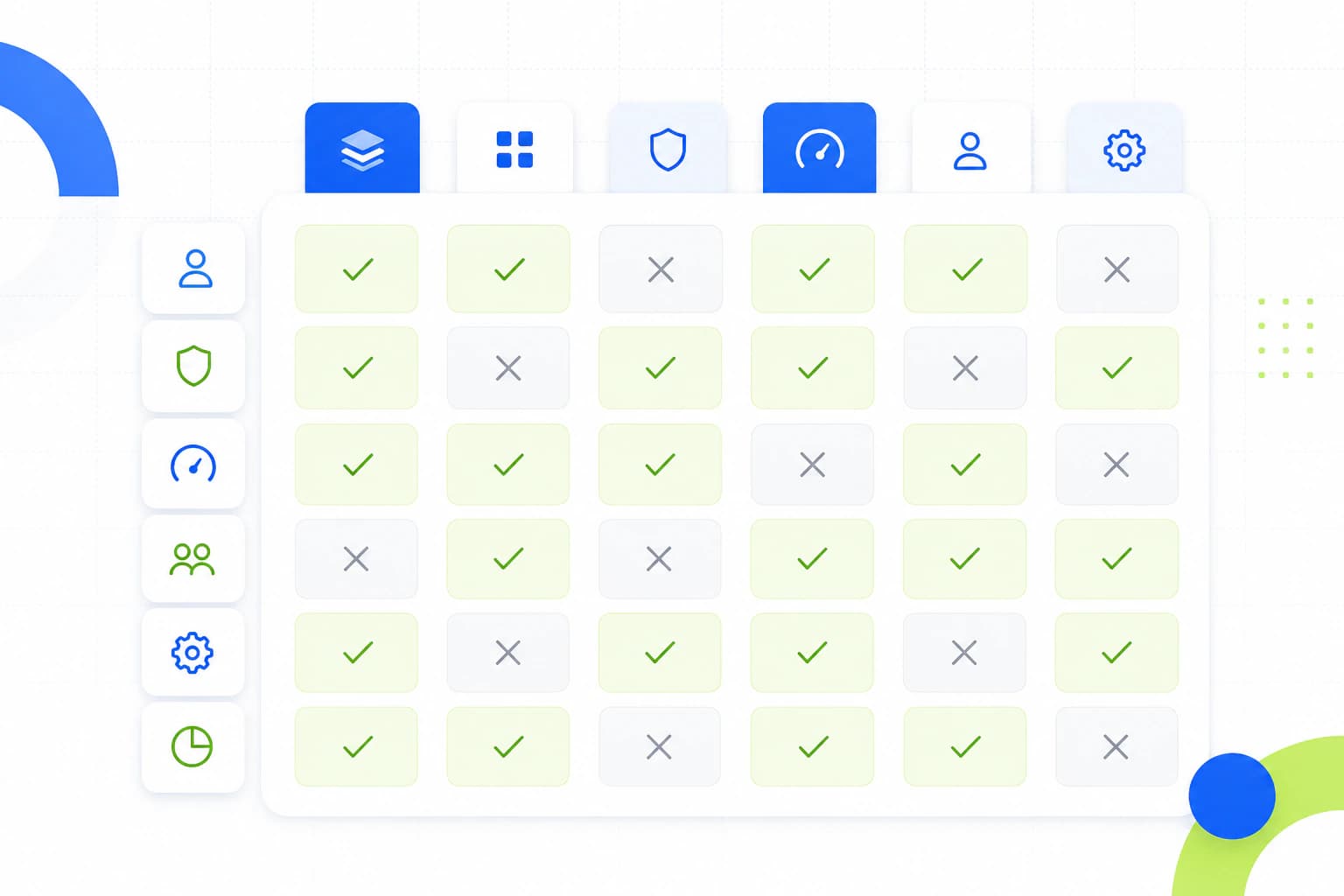 Tidy grid of check and cross tiles comparing photo editor features