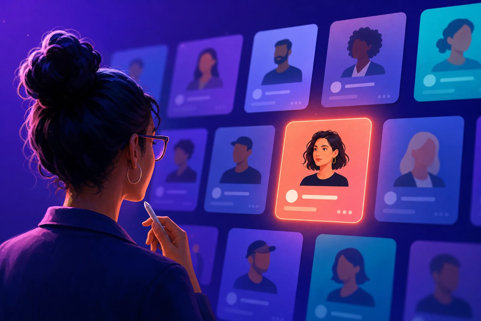 Recruiter scanning a grid of LinkedIn-style profile photos