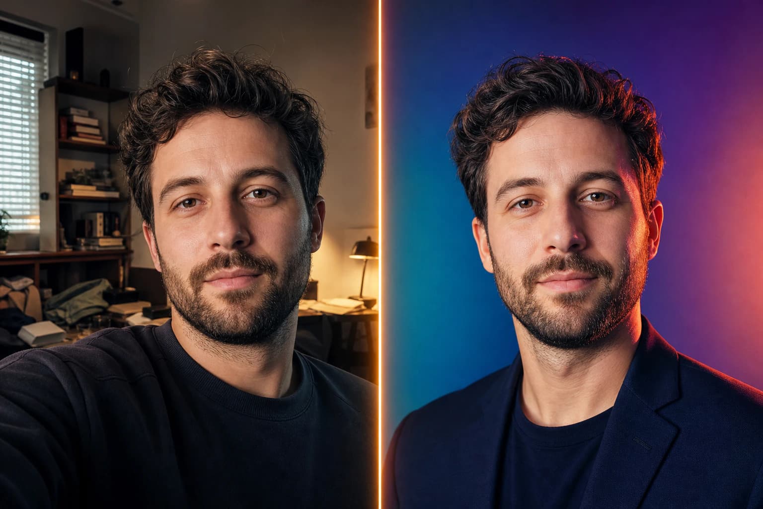 Before and after: a casual selfie transformed into a polished LinkedIn headshot
