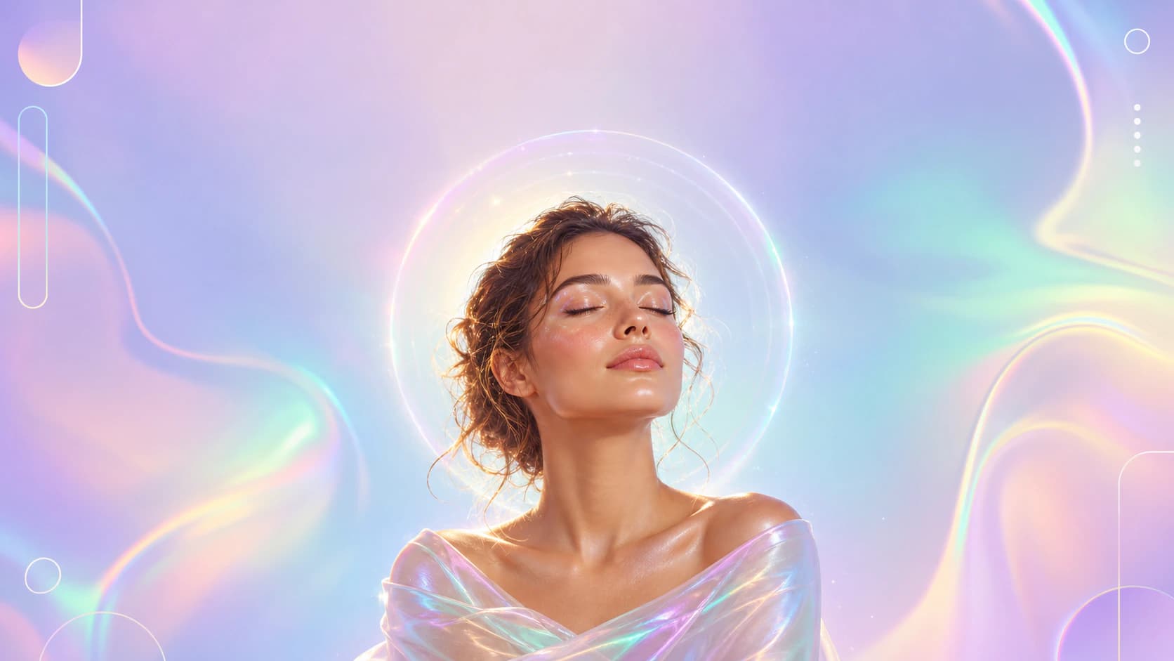 Single portrait glowing with a soft iridescent aura halo on a pastel holographic gradient, photo clarity for Tinder and Instagram 2026