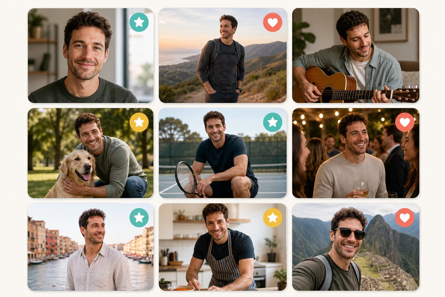 Neat grid of dating profile photo examples