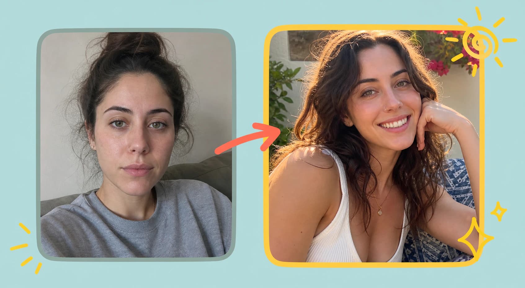 Before and after: plain selfie turned into a fun, flattering dating photo