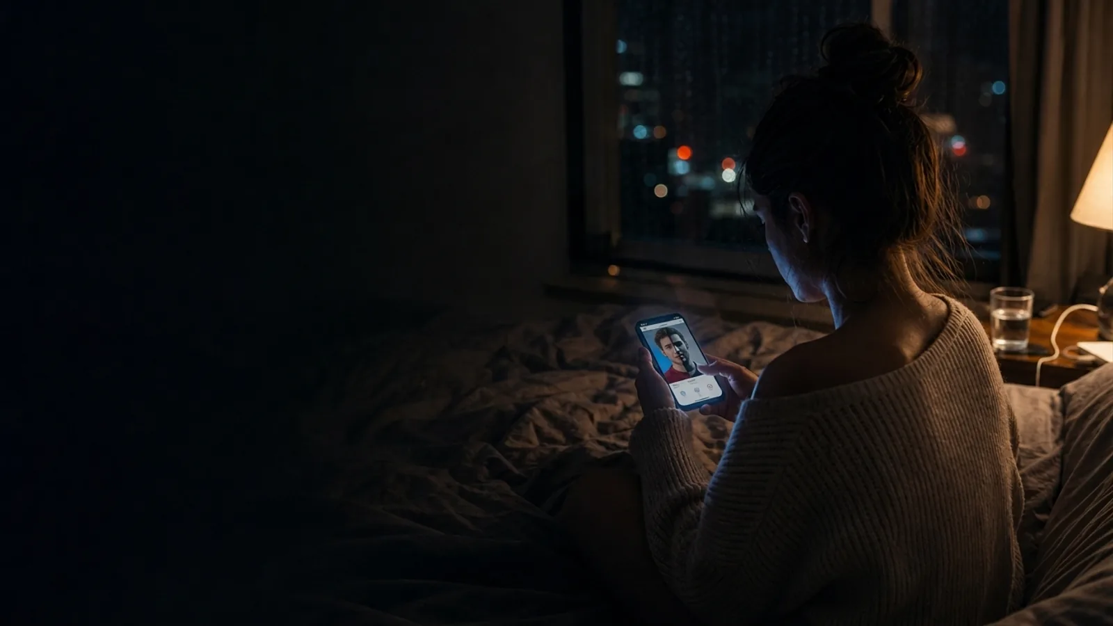Woman in bed at night looking at a dating profile on her phone, lit by the screen in a dark room