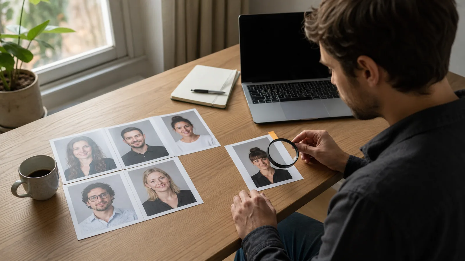 Mann am Schreibtisch, der sechs ausgedruckte Profilfotos mit einer Lupe neben einem Laptop prüft