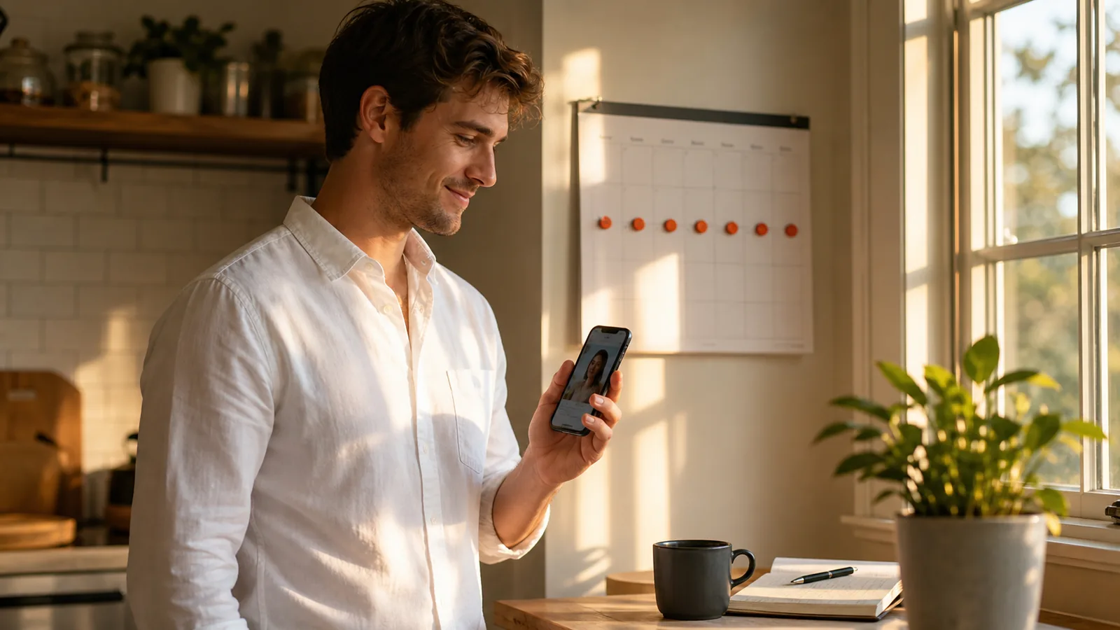 Mann in einer sonnigen Küche mit dem Handy in der Hand und einem Kalender mit sieben markierten Tagen an der Wand