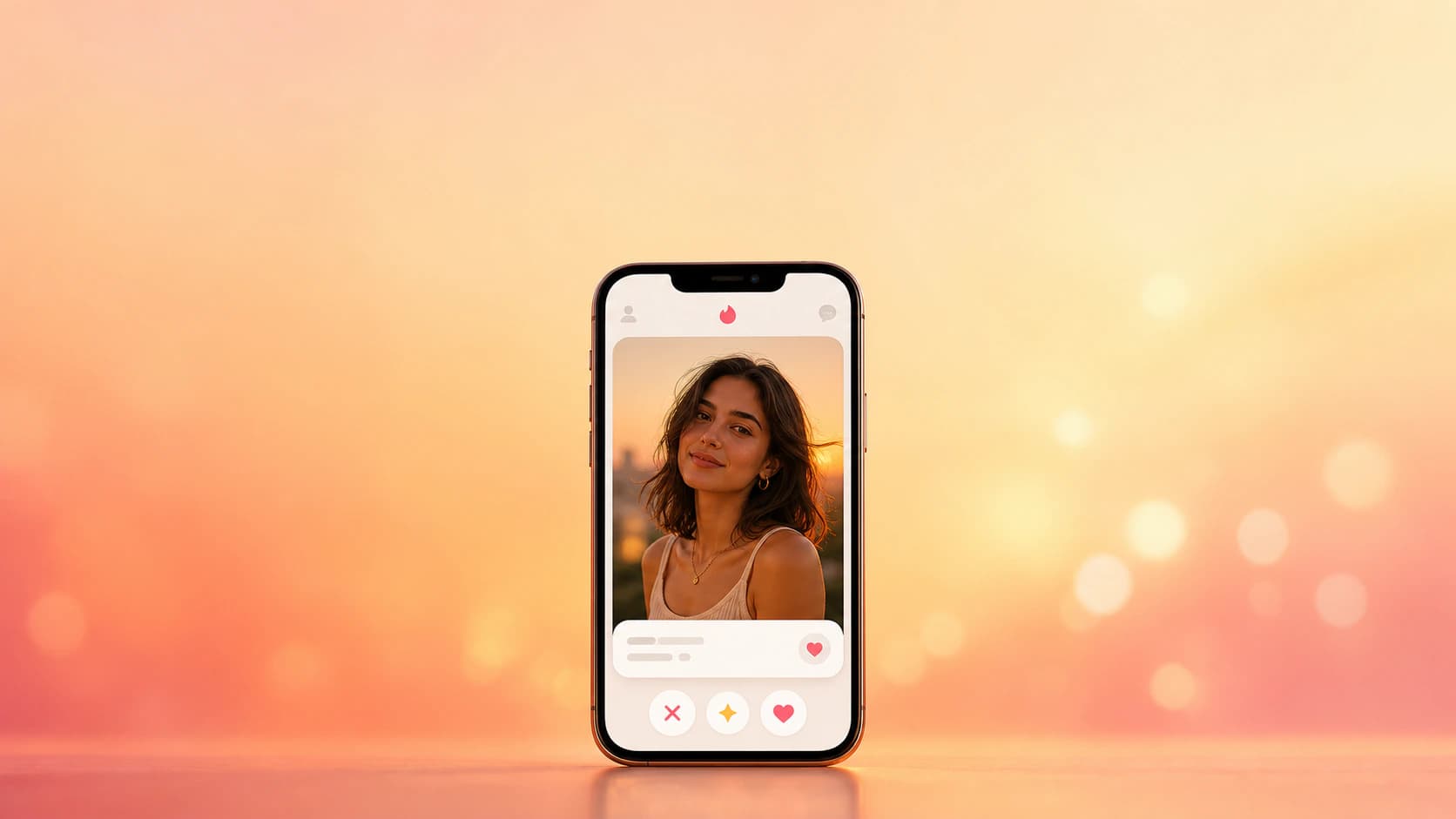 Warm-lit modern smartphone showing a flattering dating app profile photo on a coral and gold sunset background