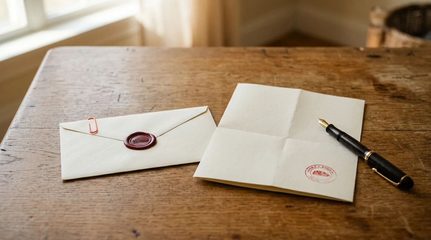 Una apelación funciona mejor con el archivo original que con una promesa Un documento de apelación sellado y un sobre cerrado sobre un escritorio de roble cálido junto a una pluma estilográfica