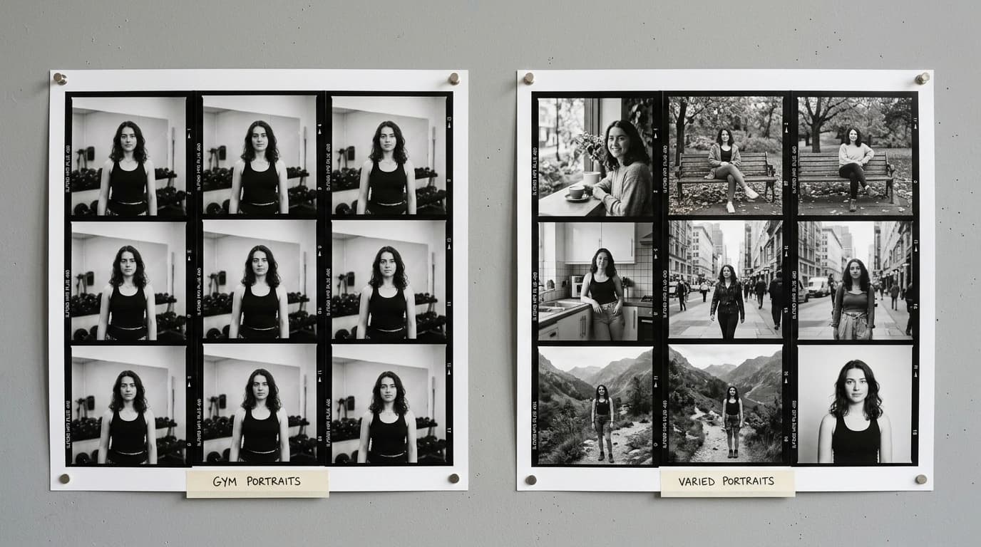 Duas folhas de contato fixadas lado a lado, uma com seis retratos de academia quase idênticos e outra com seis fotos variadas da mesma pessoa