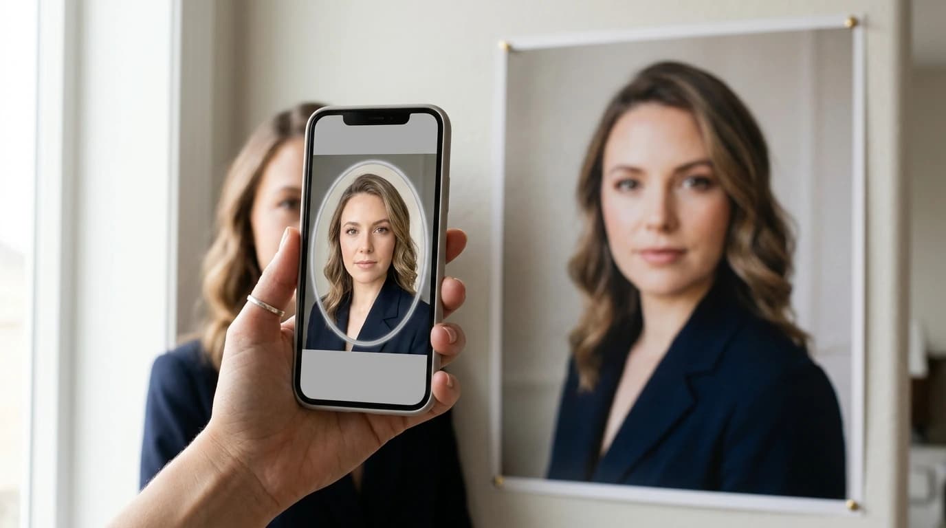 Tela de celular mostrando uma selfie de verificação ao vivo ao lado da foto de perfil da mesma pessoa, no mesmo ângulo, ilustrando a comparação