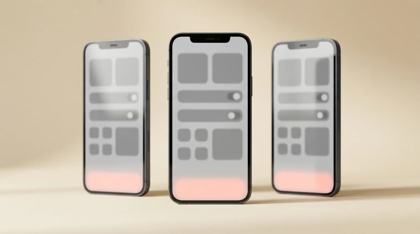 Três celulares lado a lado, cada um mostrando uma tela de configurações abstrata com uma única linha destacada na parte de baixo