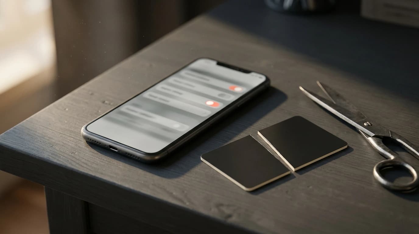 Um celular exibindo uma tela de cancelamento ao lado de um cartão de pagamento cortado sobre uma mesa escura