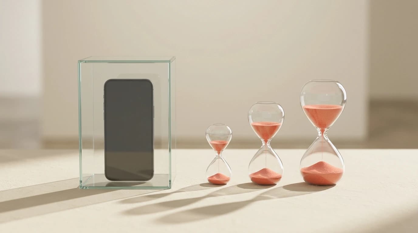 Um celular lacrado dentro de uma caixa de vidro transparente ao lado de três ampulhetas de tamanhos crescentes, cheias de areia coral