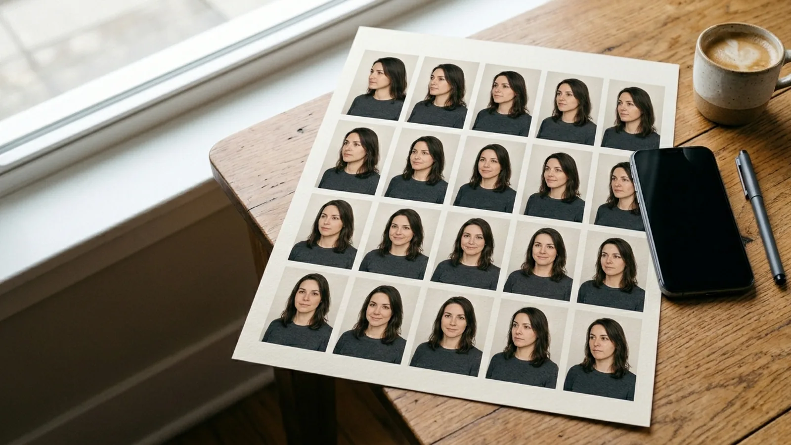 A contact sheet of portrait proofs, a phone and a coffee cup on a wooden desk beside a window, illustrating AI headshot input photos