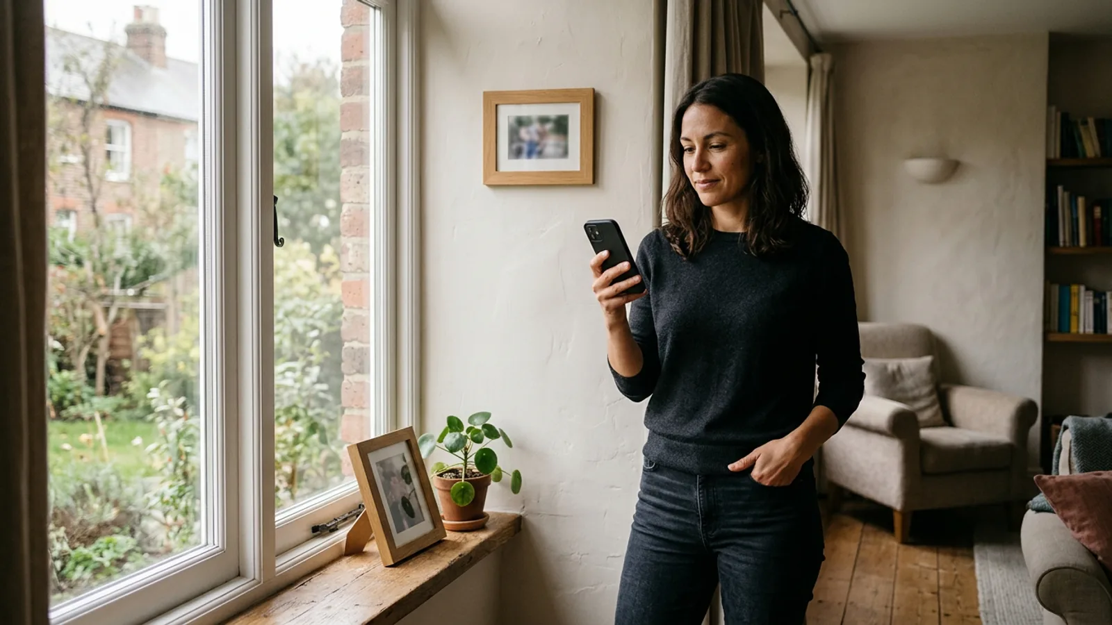 A woman reviewing her phone beside a large window, showing how soft directional light can illuminate a face for AI headshot input photos