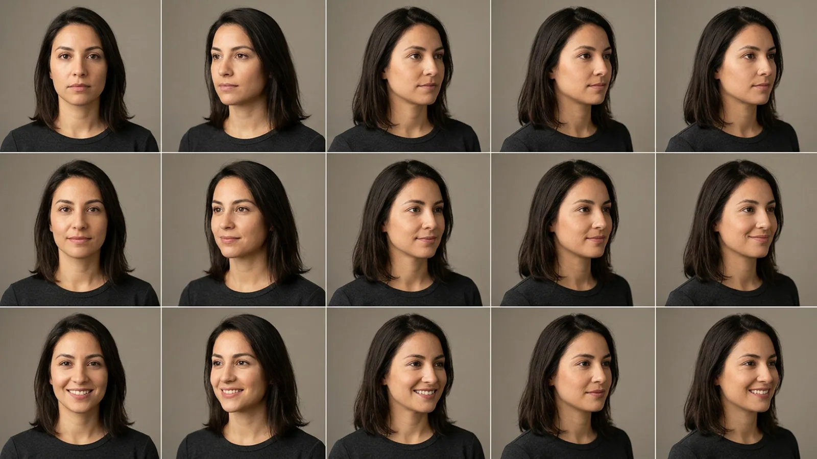 A 5 by 3 contact sheet of the same person showing five angles and three expressions for AI headshot input photos