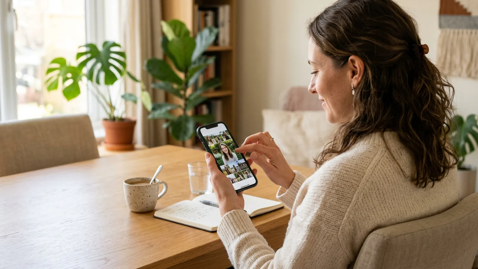 A woman reviewing a phone camera roll at a table, selecting clear solo photos for an AI headshot