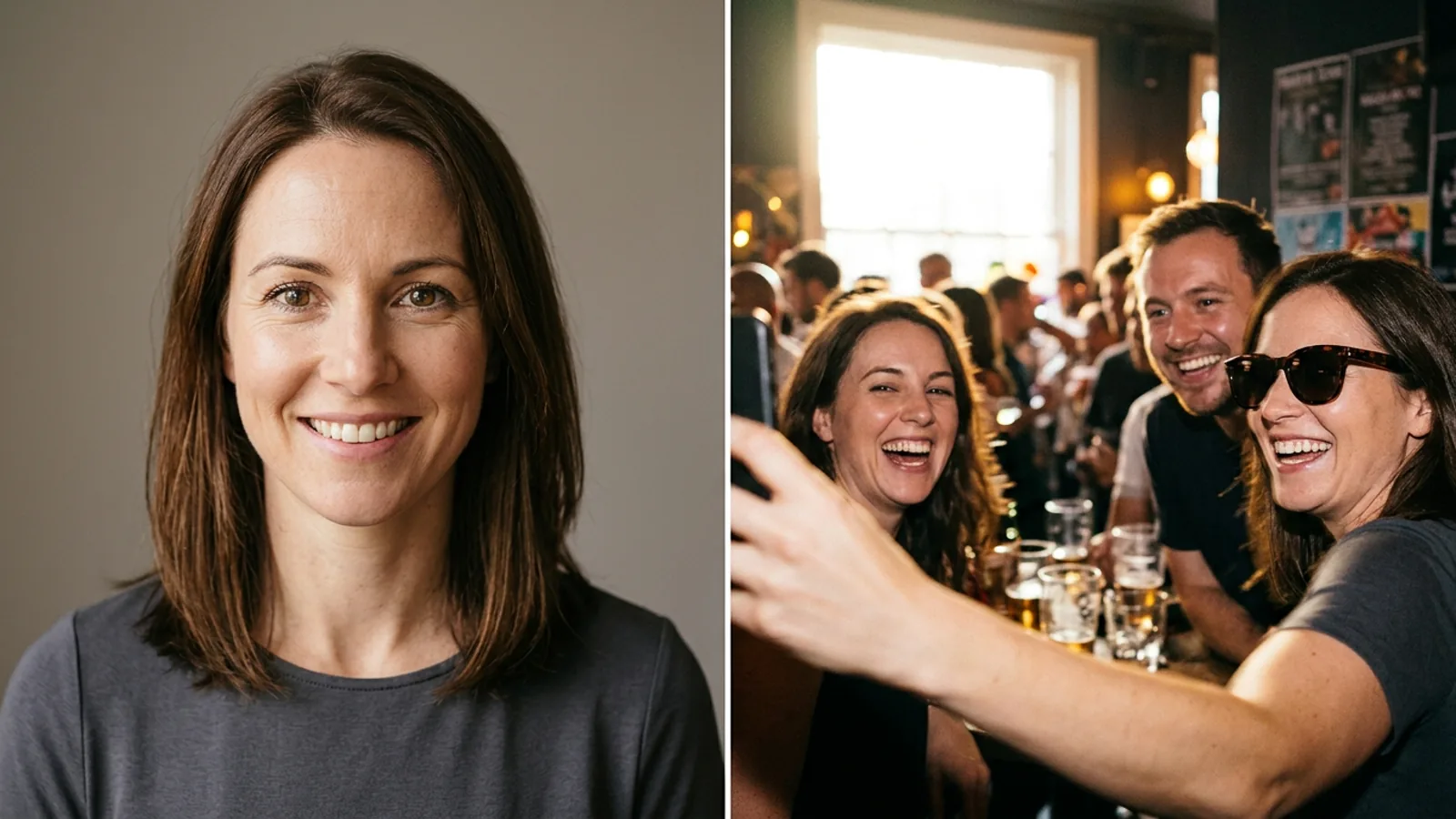 Side-by-side comparison of a clear, evenly lit solo portrait and a backlit group selfie with sunglasses, showing good and bad AI headshot inputs