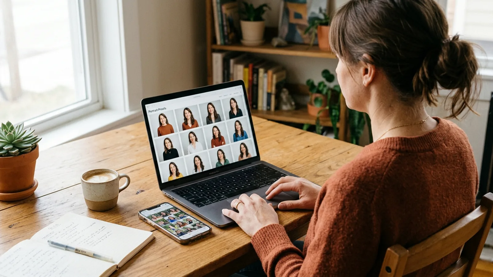 A woman reviewing a grid of AI headshot proofs on a laptop beside a phone with source photos, illustrating the Nothron workflow