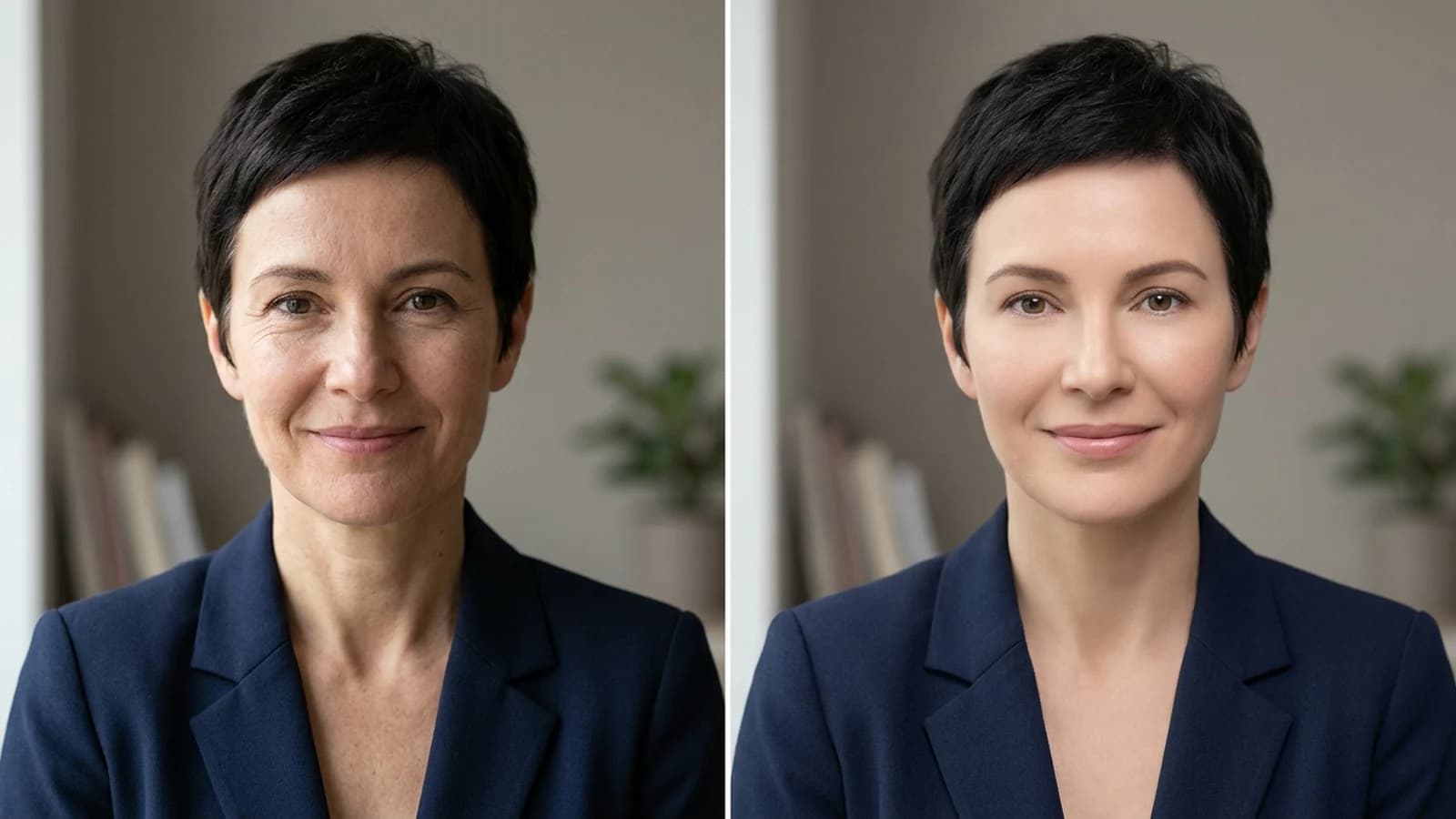 Side-by-side comparison of a natural and an over-retouched LinkedIn portrait