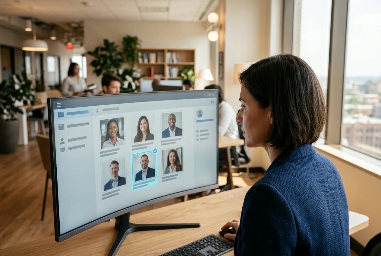 Personalvermittler vergleicht sechs Bewerberfotos auf einem Monitor