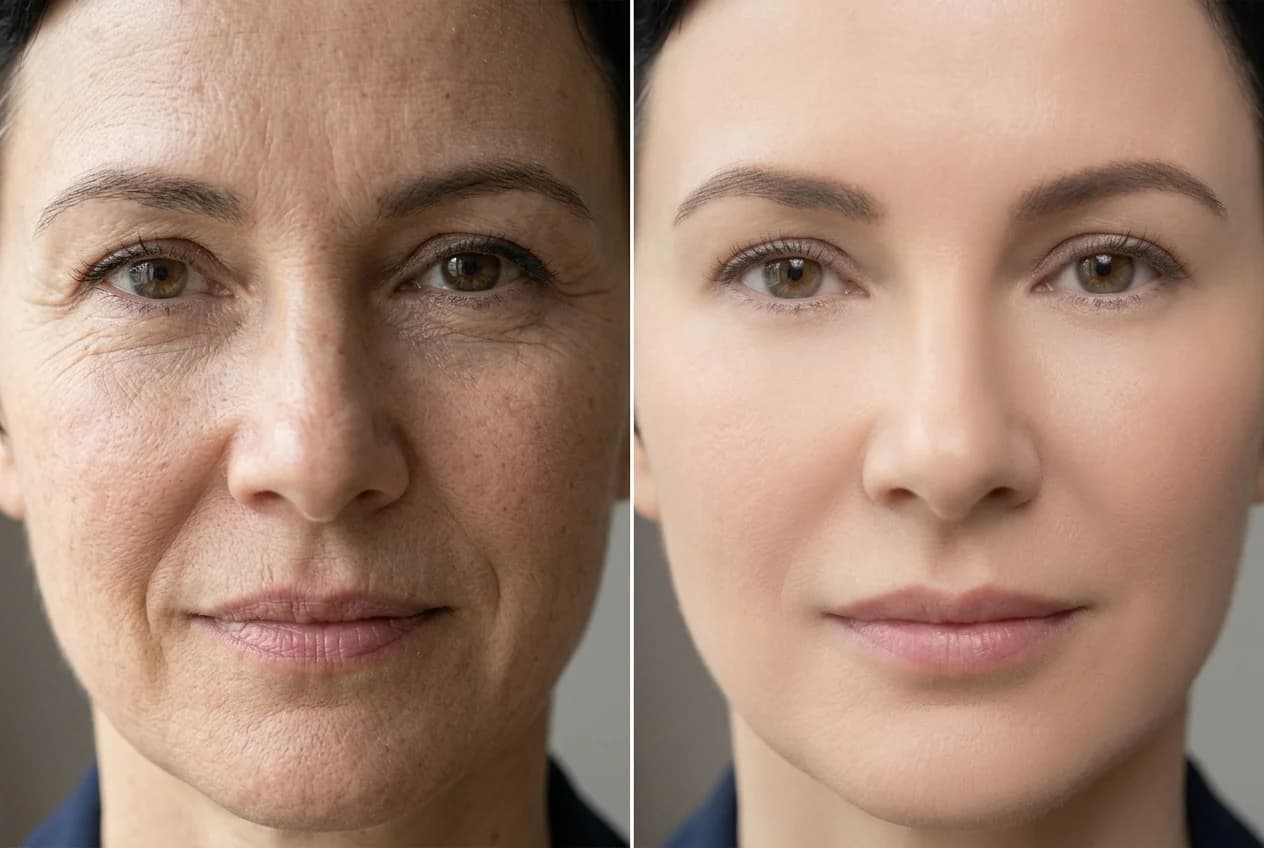 Nahaufnahme desselben Gesichts: links natürliche Hautstruktur, rechts plastikartig wirkende Retusche