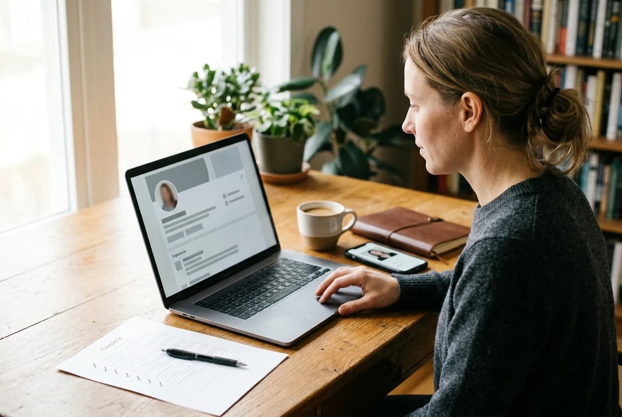 Person prüft das LinkedIn-Profil auf einem Laptop, daneben eine Checkliste