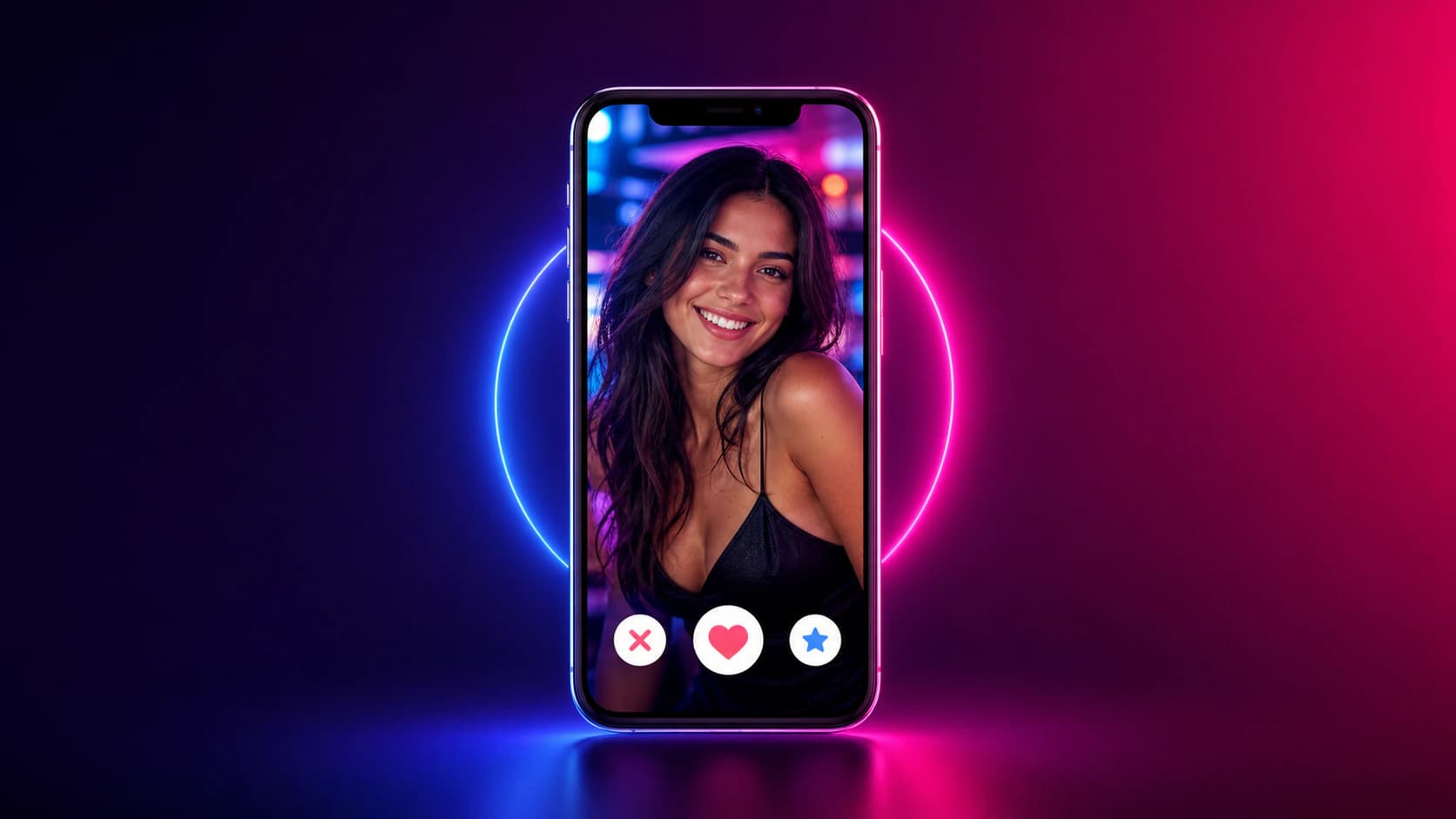 Neon purple and pink cover art for the 2026 dating app profile photo guide showing one glowing smartphone with a vibrant dating profile portrait