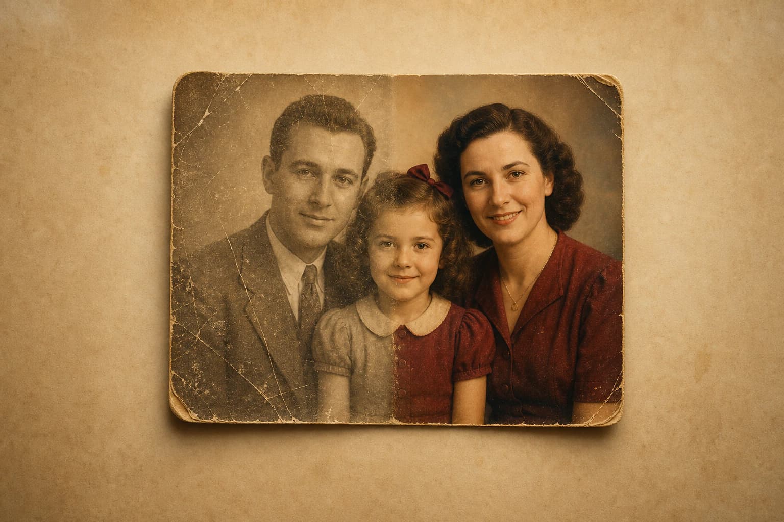 Nothron Legacy Touch AI old photo restoration guide showing a damaged sepia family photo restored in warm color