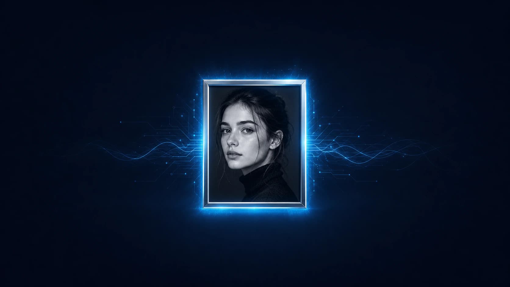Nothron Neural Engine AI photo enhancement showing a single razor-sharp enhanced portrait glowing with cyan light on a deep navy background