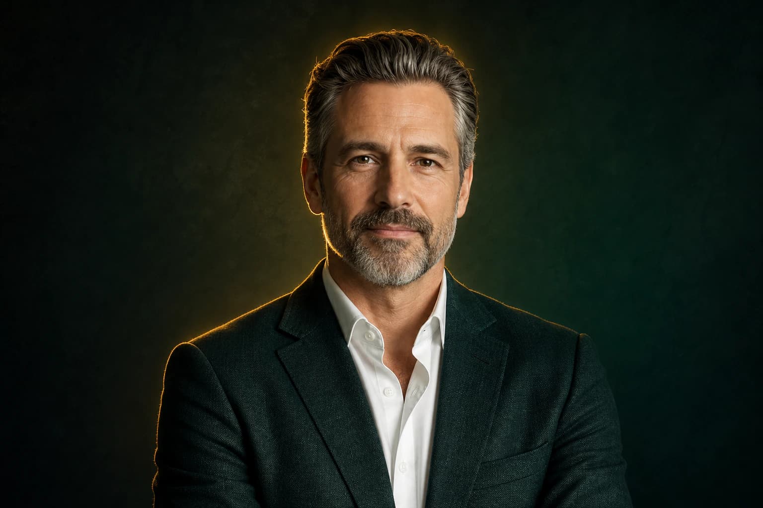 Professional AI-generated executive headshot with a deep emerald and gold background created with the Nothron Neural Headshot Generator