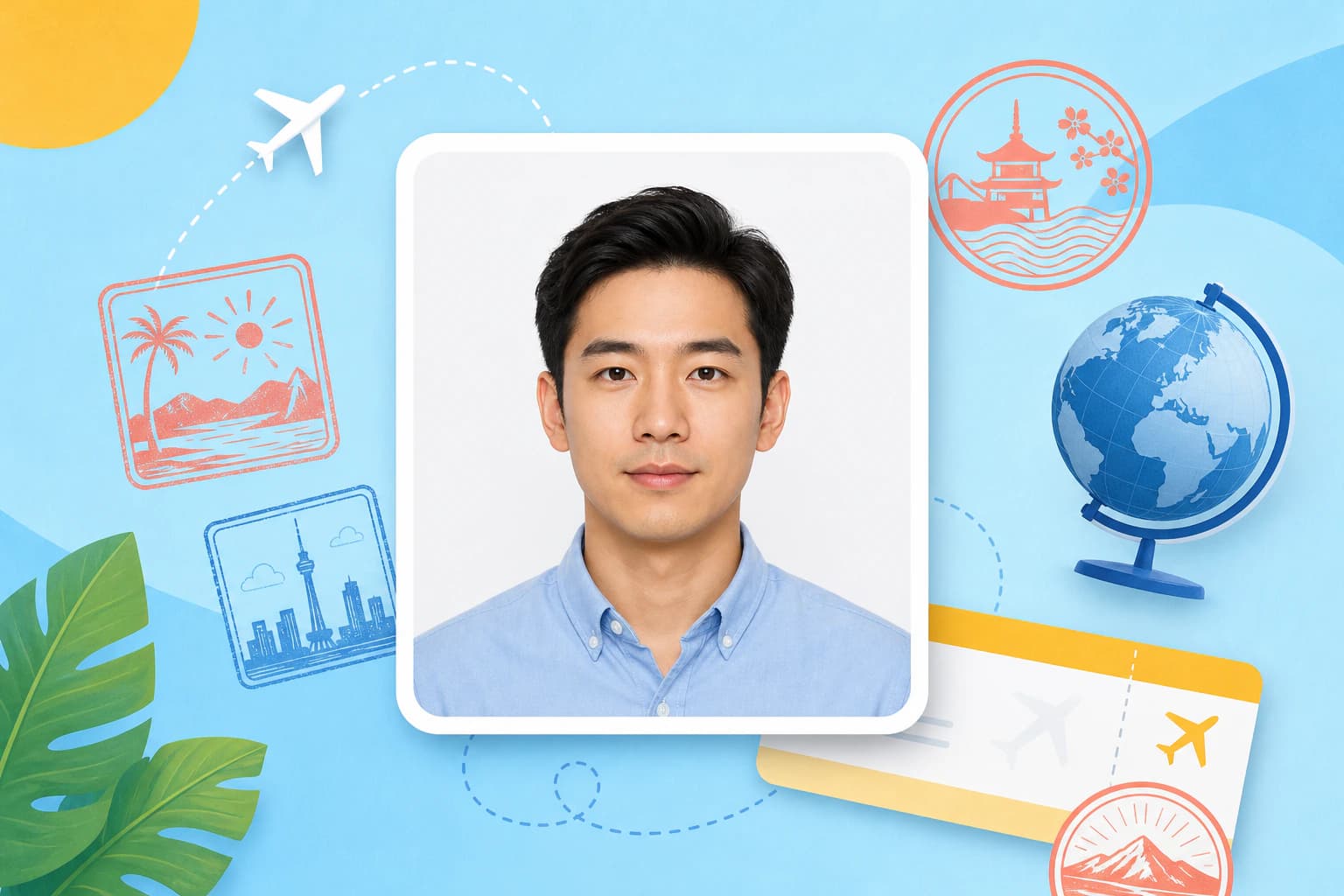 Passport photo maker online: compliant US 2x2 and UK 35x45mm ID photo example on a plain background