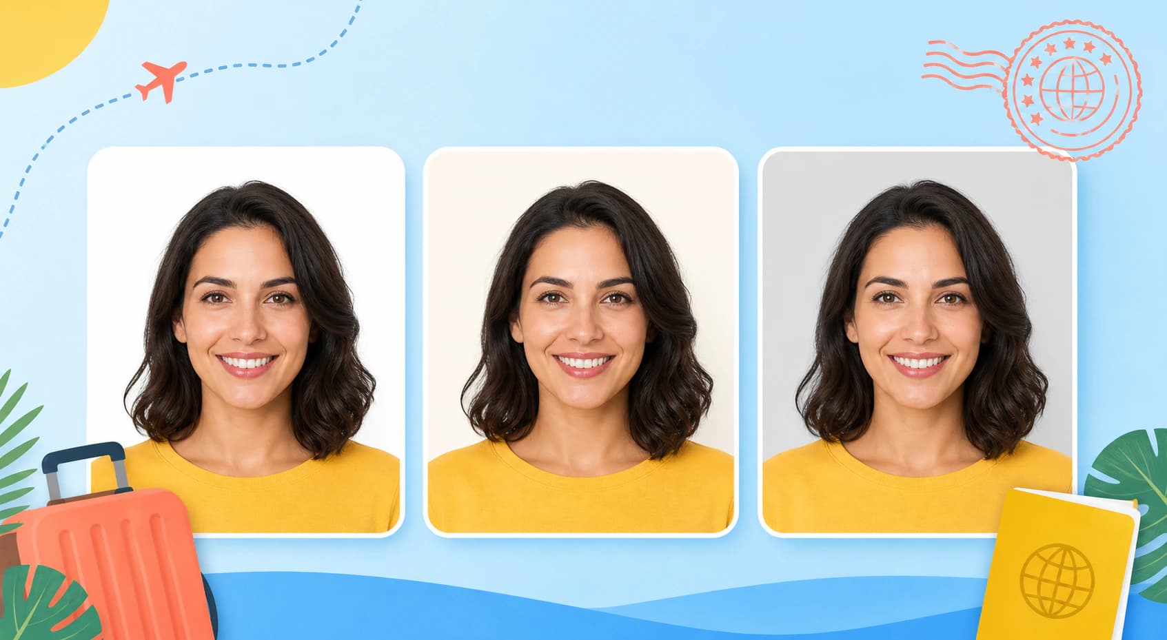 Passfoto-Hintergrund im Vergleich: weiß, creme und farbig mit neutralem Porträt