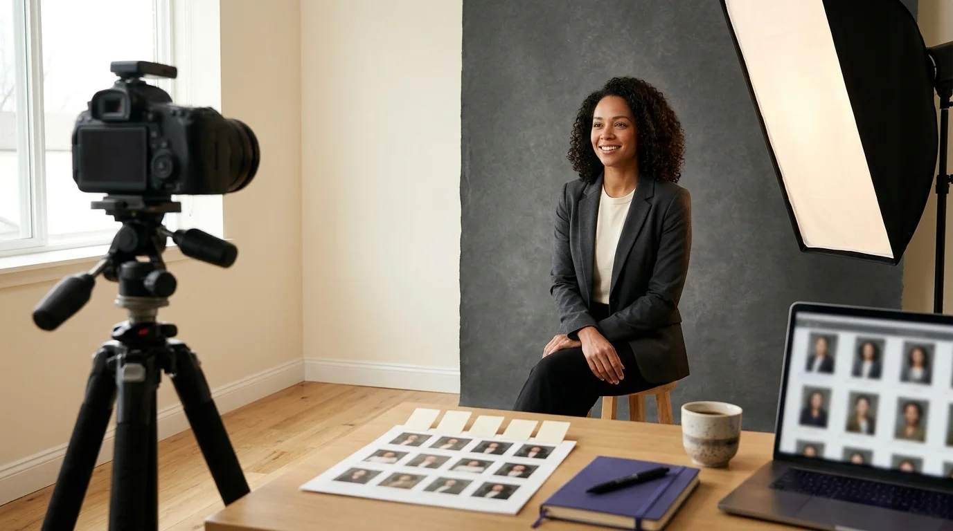 Professional photo studio with a client, camera, softbox, contact sheets, and a laptop showing portrait options