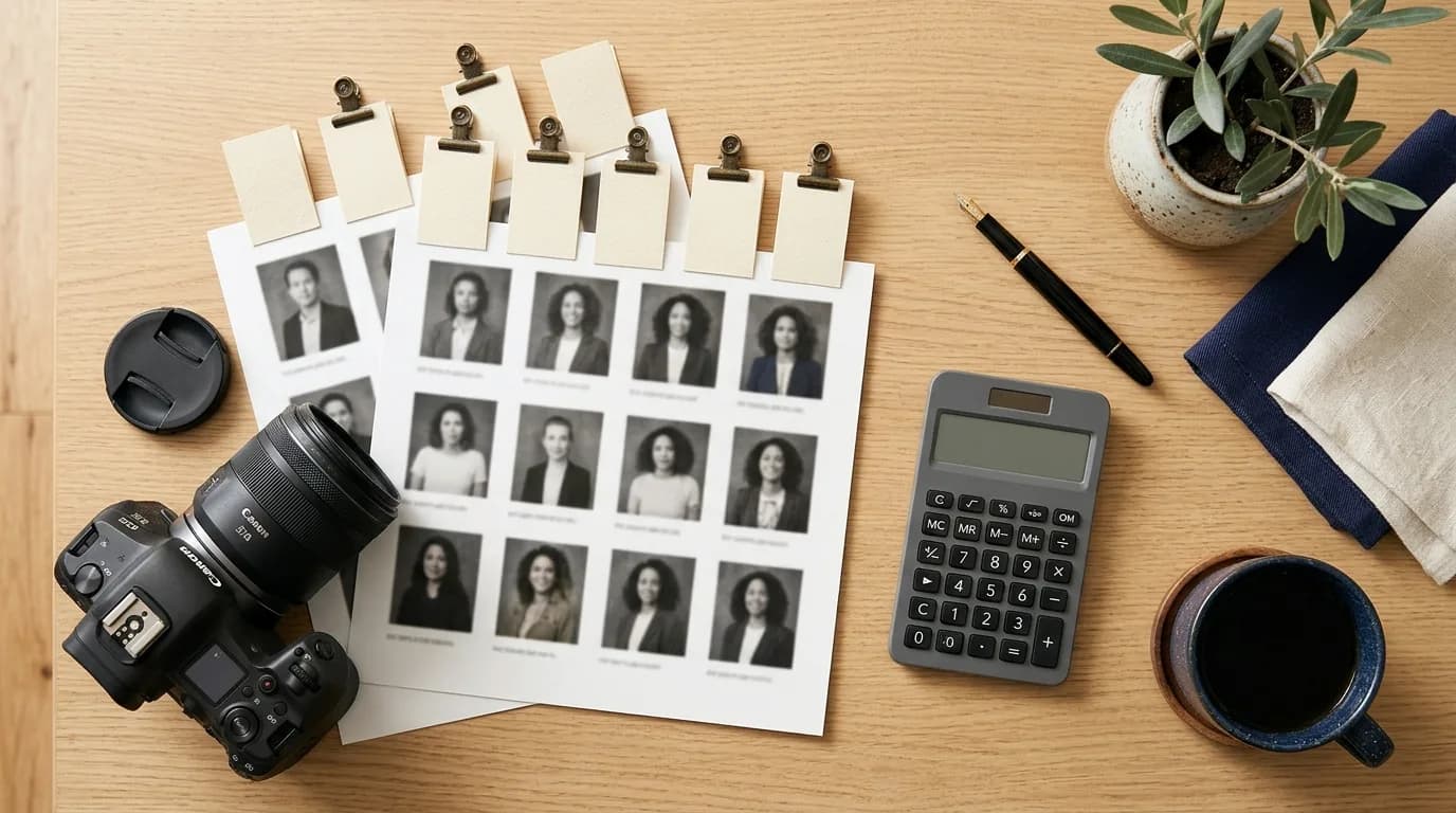 Flat lay of a camera, contact sheets, seven blank price tags, calculator, and coffee representing headshot price ranges