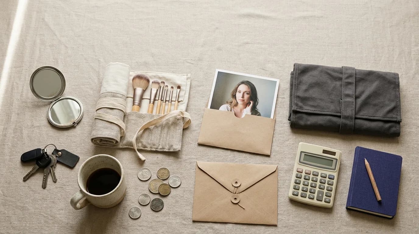 Flat lay of makeup, a printed portrait, envelopes, keys, coins, and a calculator representing hidden headshot costs