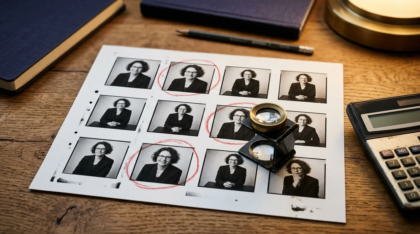 Contact sheet with three portrait frames circled in red, a loupe, and a calculator