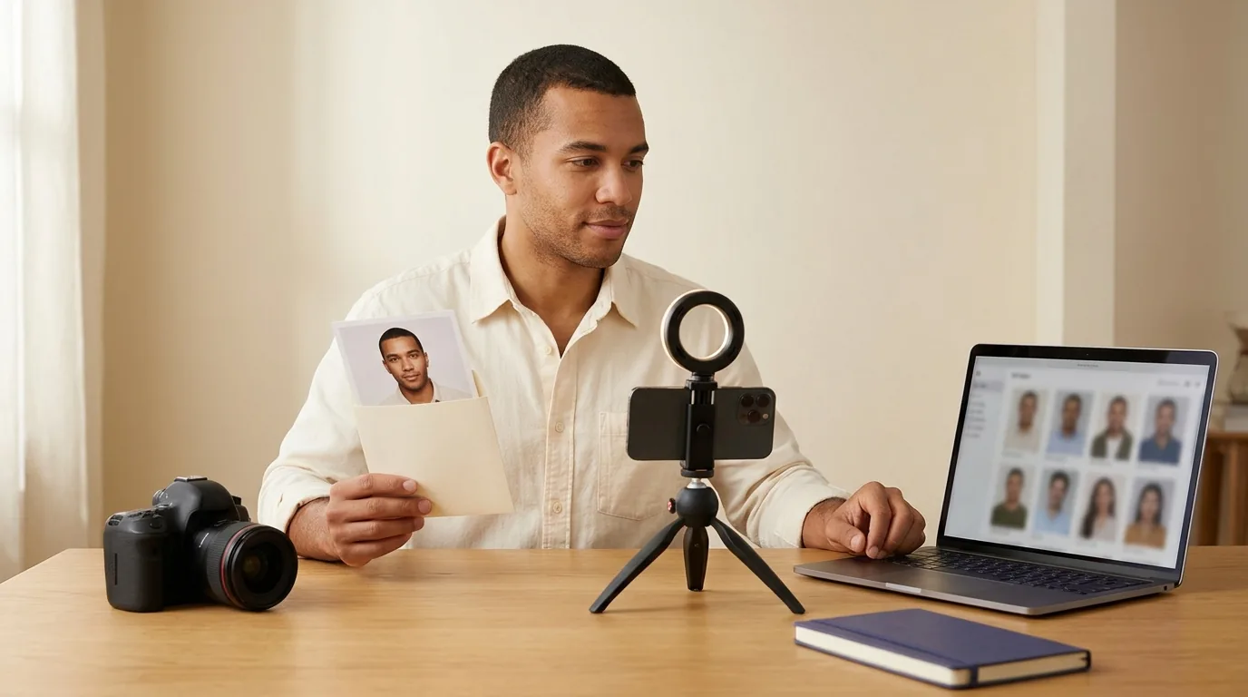 Professional comparing a printed headshot with a phone setup and a laptop showing portrait options