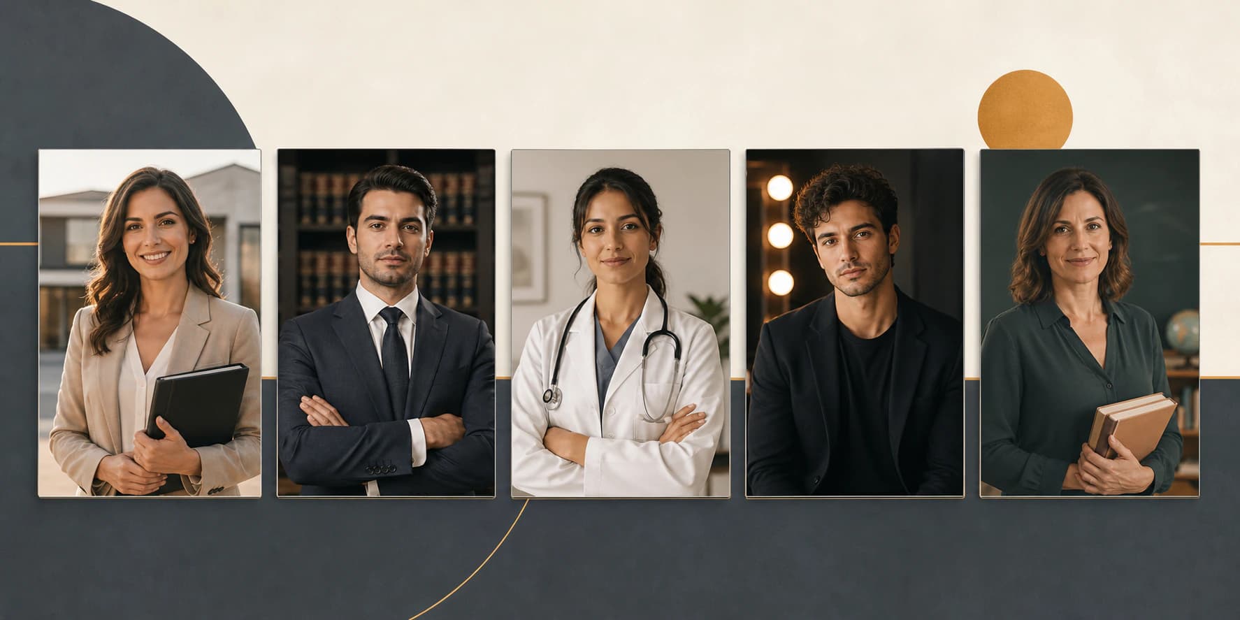 Reihe professioneller Headshots für verschiedene Berufe — Immobilienmakler, Anwalt, Arzt, Schauspieler und Lehrer