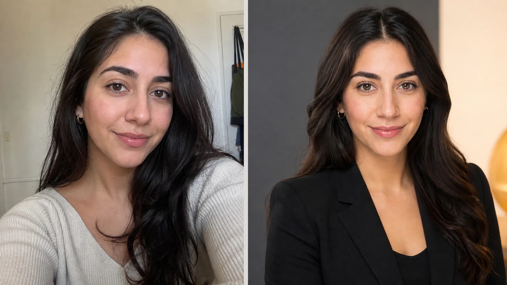 Vorher und nachher — ein einfaches Selfie, verwandelt in einen professionellen Headshot in Studioqualität