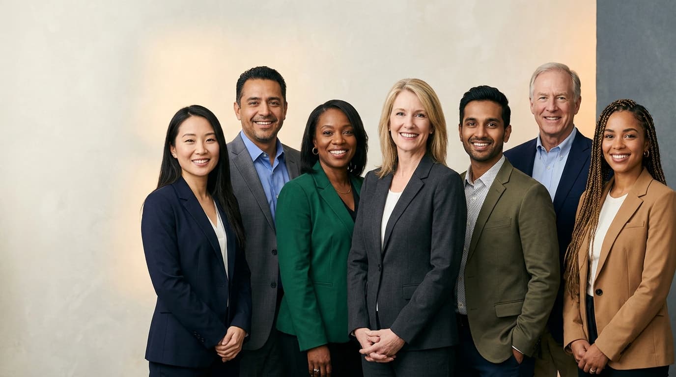 Seven diverse professionals in business attire illustrating resume photo rules by country