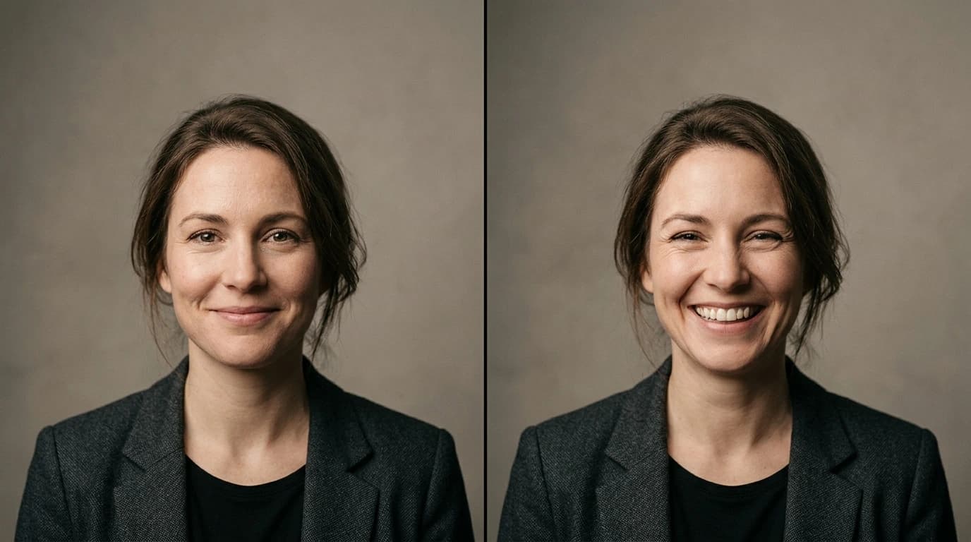 Split portrait of the same person comparing a slight closed-mouth smile with a broad smile in identical studio lighting