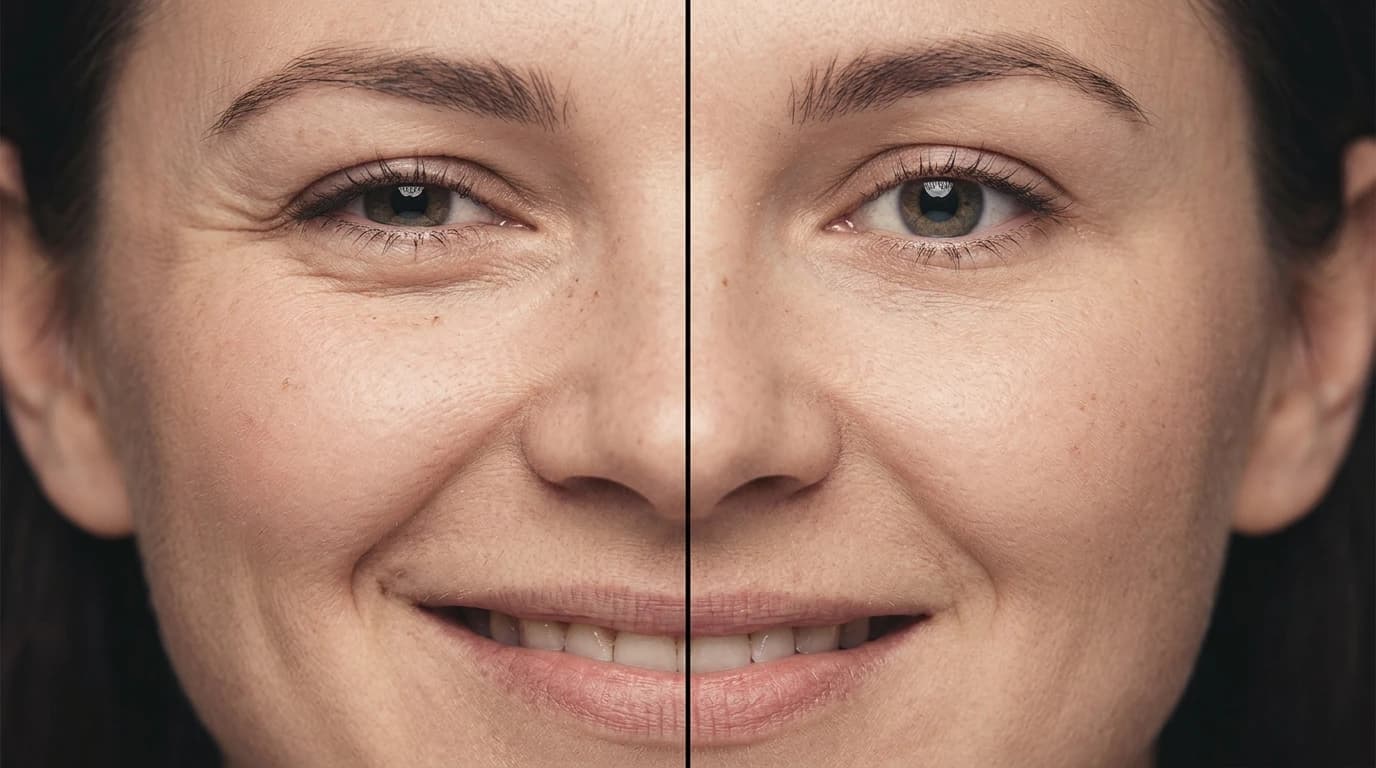 Nahaufnahme im Vergleich: echtes Lächeln mit gehobenen Wangen und verengten Augen neben einem gestellten Lächeln mit unbewegter oberer Gesichtshälfte