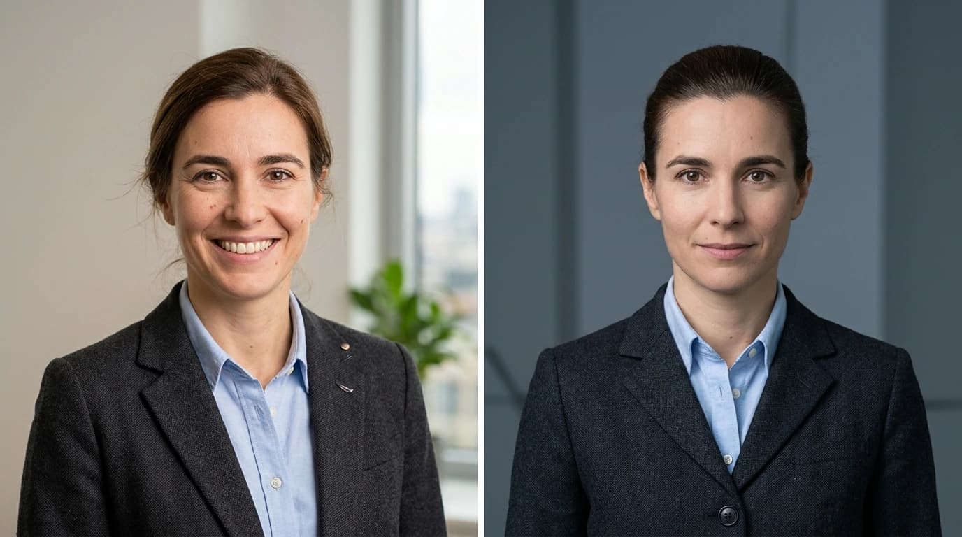Zwei Bewerbungsporträts derselben Person, eines mit breitem Lächeln und eines mit zurückhaltendem Ausdruck bei geschlossenem Mund