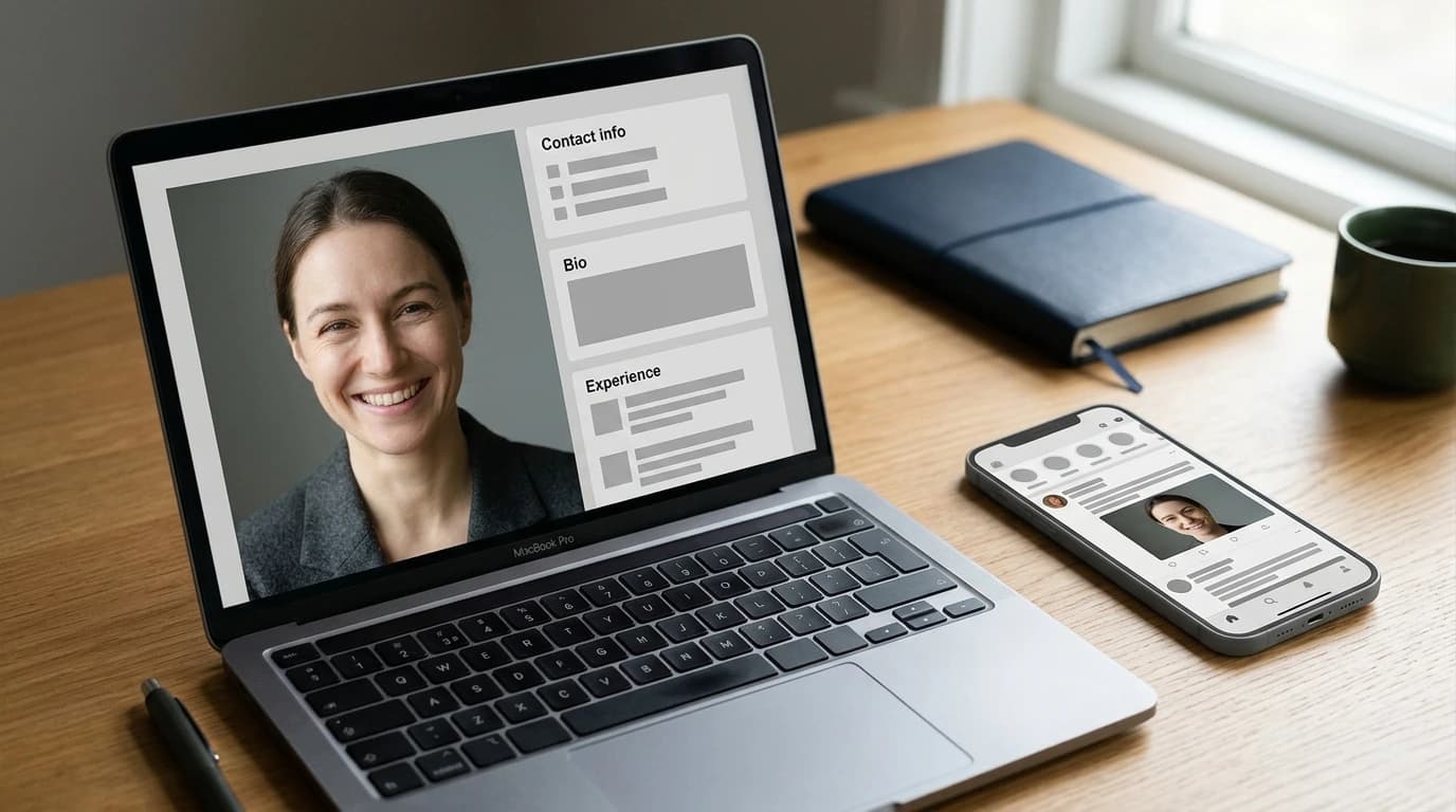 Ein Headshot in voller Größe auf einer Laptop-Profilseite und erneut als kleiner Avatar auf einem Handybildschirm, um die Lesbarkeit von Ausdrücken in Vorschaugröße zu zeigen