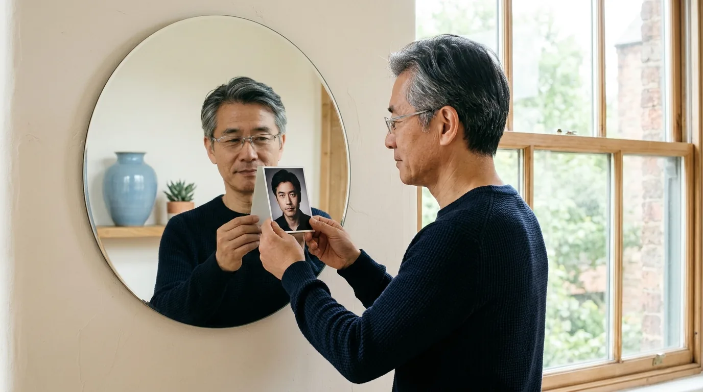 Cuando el retrato impreso y la cara en directo no coinciden, la verificación falla Un hombre sostiene un retrato impreso antiguo de un hombre más joven junto a su reflejo en el espejo, mostrando cómo una foto de perfil puede dejar de coincidir con la cara en directo