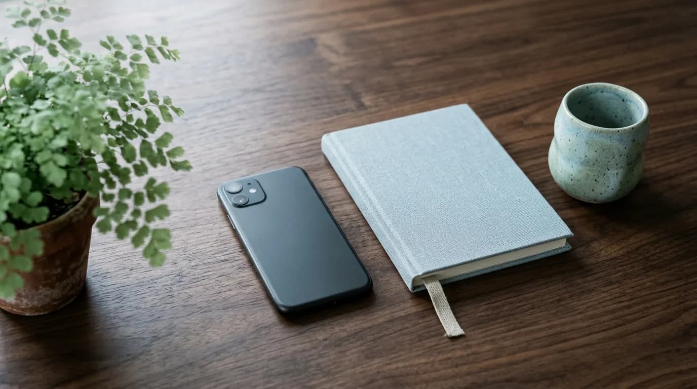 Puedes preguntar qué se conserva sin entregar más datos de los que la plataforma exige Una persona dejando el móvil boca abajo sobre una mesa junto a un cuaderno, con expresión tranquila y luz suave de ventana