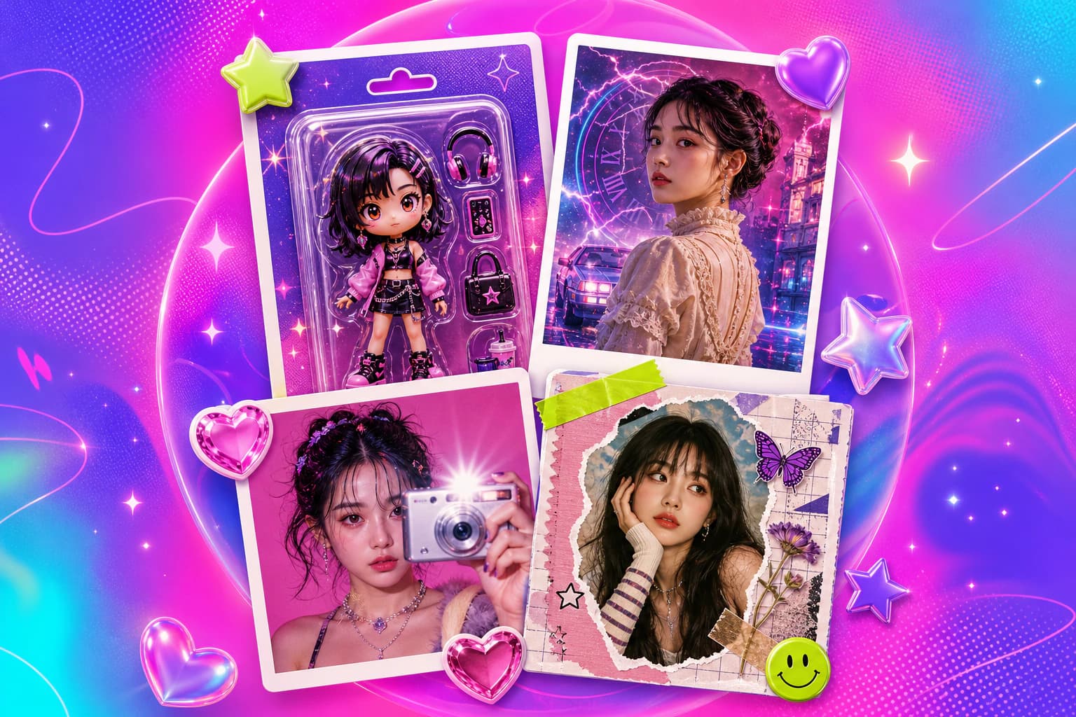 Neon pop collage of the viral AI photo trends of 2026: Chibi action figure, cinematic time travel portrait, Y2K camera look and scrapbook page on an electric gradient