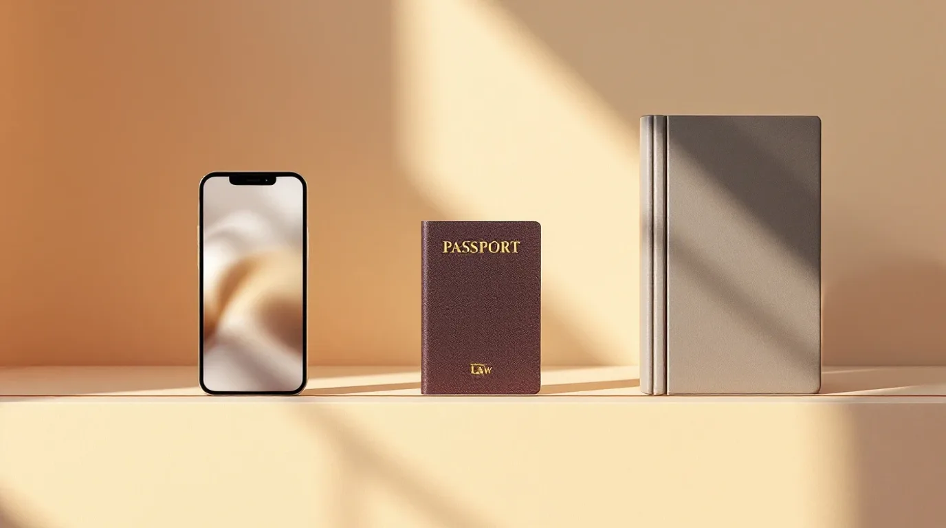 Los tres reglamentos: términos de las plataformas, documentos de identidad y ley de transparencia Tres objetos en fila sobre una superficie color crema: un móvil, un pasaporte y un libro de derecho, unidos por una fina línea coral